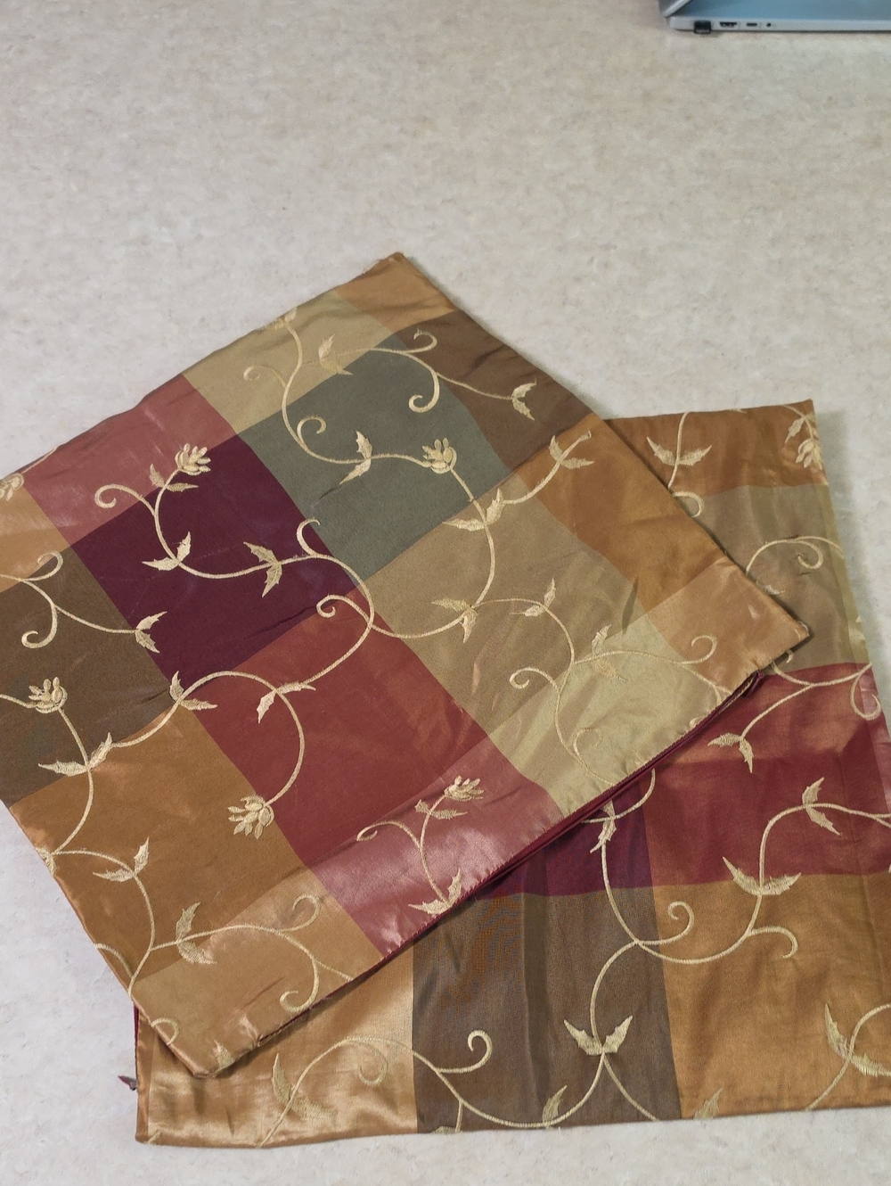 Embroidered Plaid Decorative Pillow Covers in Gold, Burgundy & Olive. 18"x18".